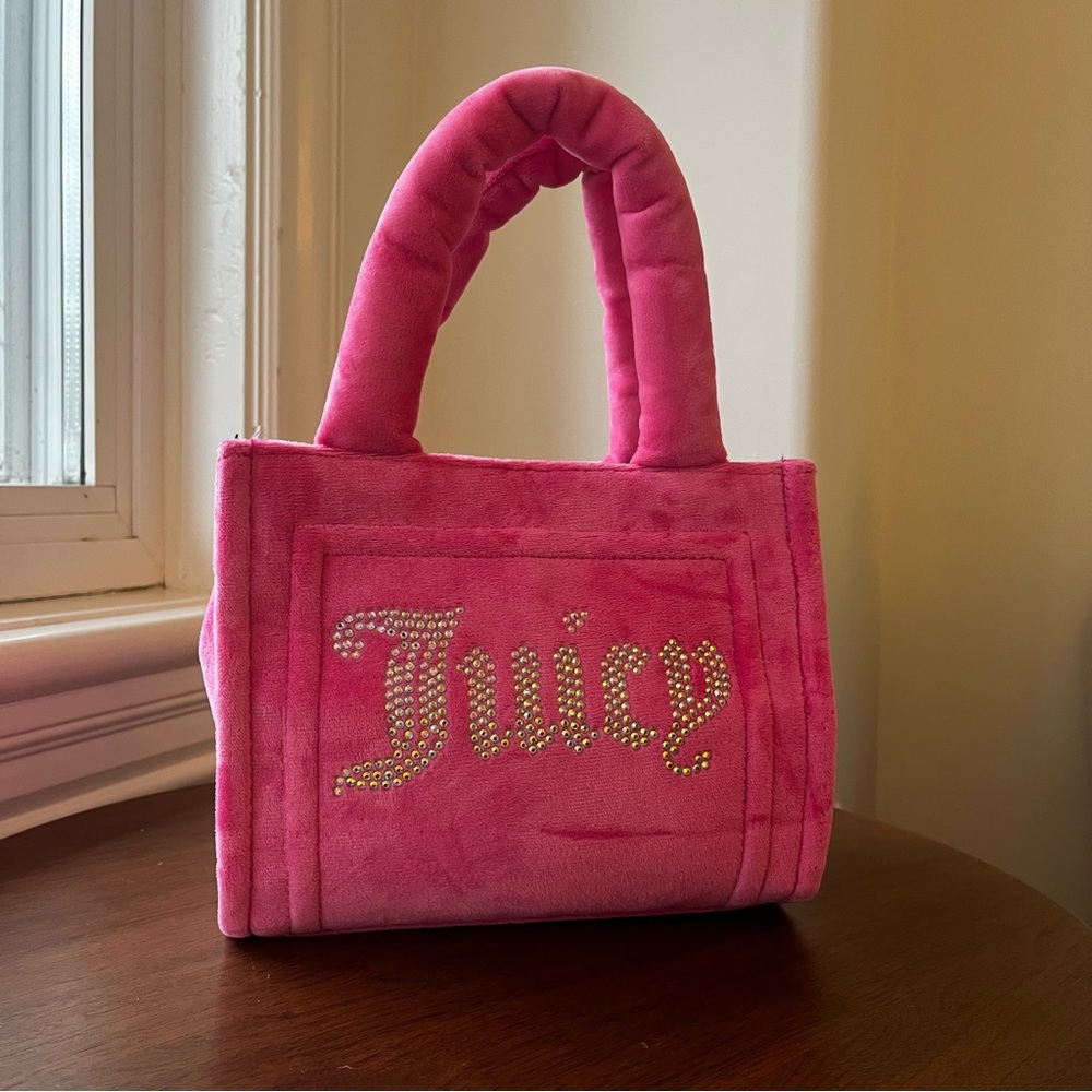 Y2K Hot Pink Juicy Couture Velour Velvet Jewel Stud Rhinestone Branded Plush Bag
